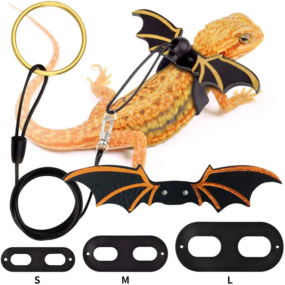 2022 New 3 Pcs Adjustable Bearded Dragon Leash with Bat Wings Soft Leather Lizard Harness for Amphibians and Other Small Reptile