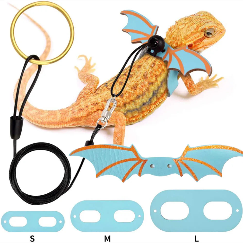 2022 New 3 Pcs Adjustable Bearded Dragon Leash with Bat Wings Soft Leather Lizard Harness for Amphibians and Other Small Reptile