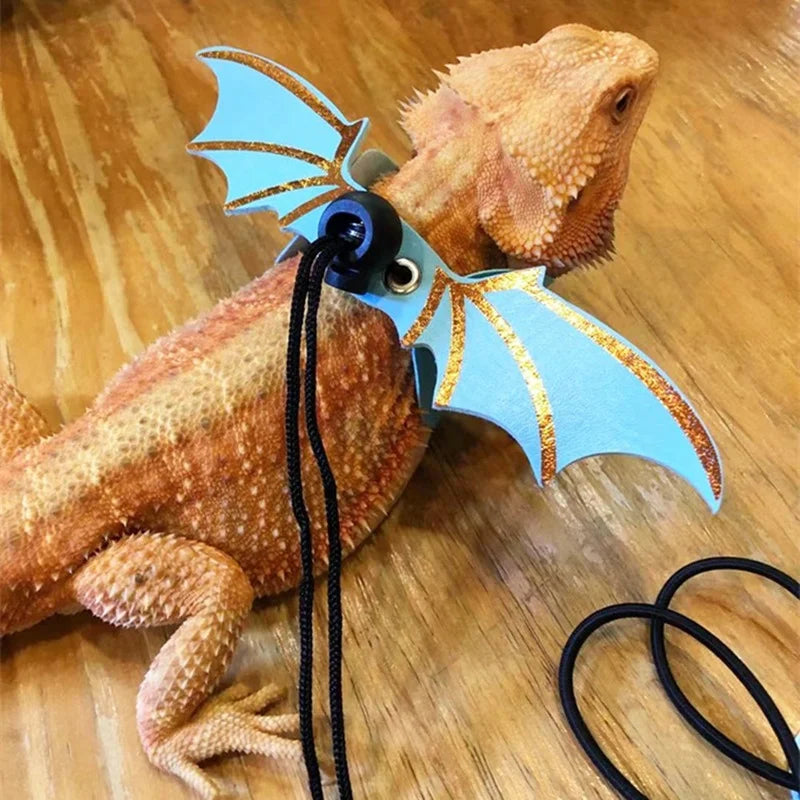 2022 New 3 Pcs Adjustable Bearded Dragon Leash with Bat Wings Soft Leather Lizard Harness for Amphibians and Other Small Reptile